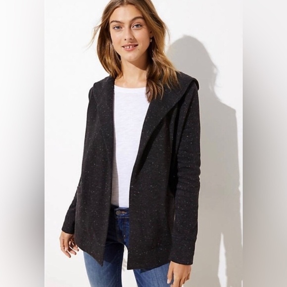 Loft Boyfriend Open Hoodie Cardigan Sweater Black Speckled Soft & Cozy - Picture 1 of 10